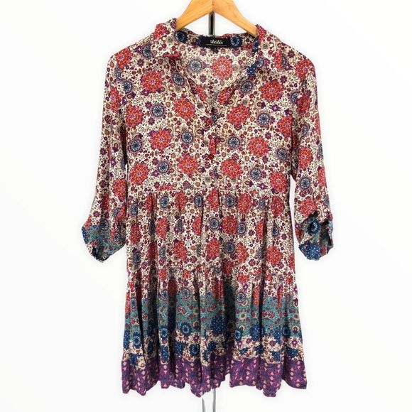 Lulu’s Once and Floral Mixed Print Shirt Dress Roll Tab Sleeves Small - Picture 4 of 16